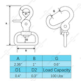 2.36" Trigger Snap Hooks for 1-inch Webbing, 316 Stainless Steel, 100 Lbs Capacity, 2 Pcs